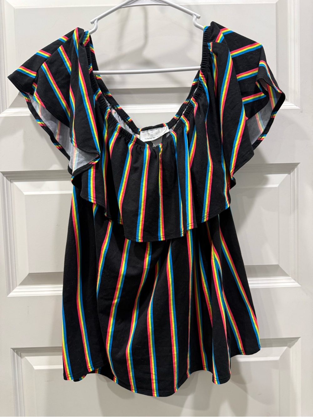 Caren Sport Black Tank with Rainbow Vertical Stripes and Ruffle Neck Plus 2X